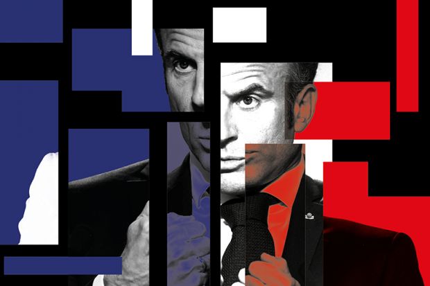 Emmanuel Macron, fragmented with colours of the French flag