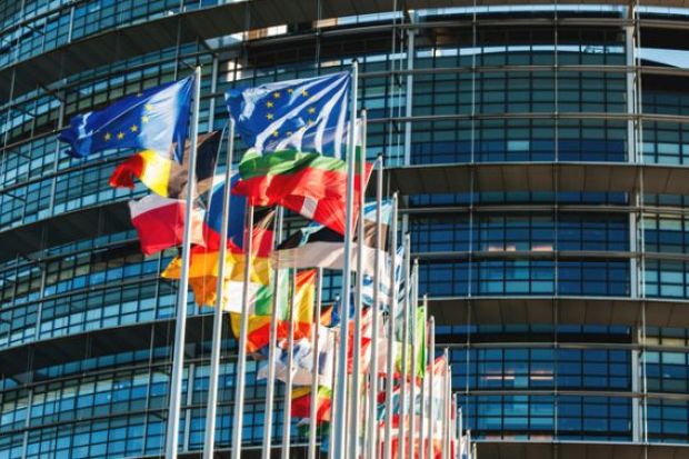 European flags outside the the European Parliament in Strasbourg, France