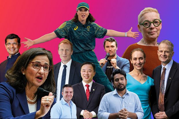 Faces of 2024. Montage of people who shaped higher education headlines this year: Shitij Kapur, Baroness Shafik, Marc Miller, Brian Bell, Rachael Gunn, Xiang Zhang, Charlie Kirk, Nahid Islam, Jo Phoenix and Richard Scolyer with Georgina Long.