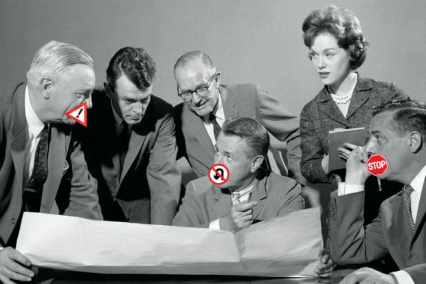 Group of people with road signs over mouths