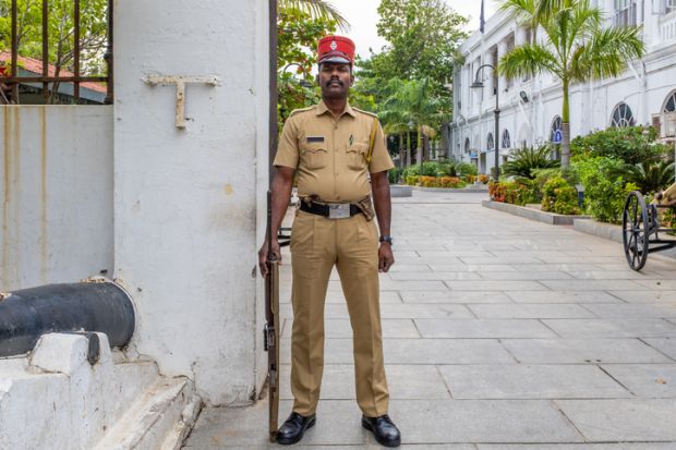 Indian policeman dressed as a french gendarme.