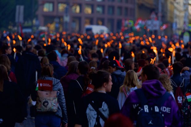 Crowd marching from Budapest University of Technology and Economics to the memorial park in honor of the Hungarian uprising against the USSR on October 23.