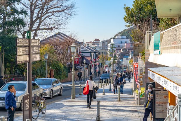 Kobe Kitano Ijinkan Gai street (Kitano-cho and Yamamoto-dori street) in sunny day. Kobe City, Hyogo Prefecture, Japan.