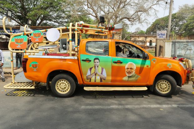 A Pick up Truck converted into a Political campaign Vehicle for Indian elections 2024 under BJP Prime minister Narendra Modi in Mysuru, India.