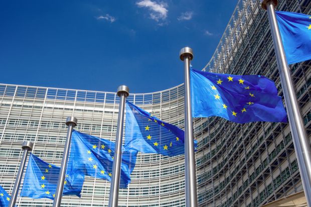 EU flags in front of the headquarters of the European Commission in Brussels, Belgium