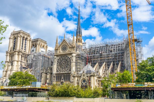 South side and new spire of Notre-Dame cathedral under construction