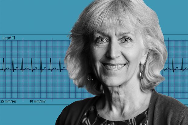 Joan Taylor with a background showing an electrocardiogram of atrial tachycardia.