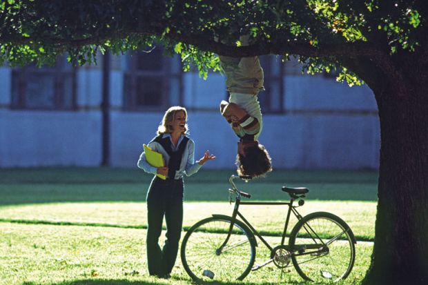 Man hanging upside-down from tree