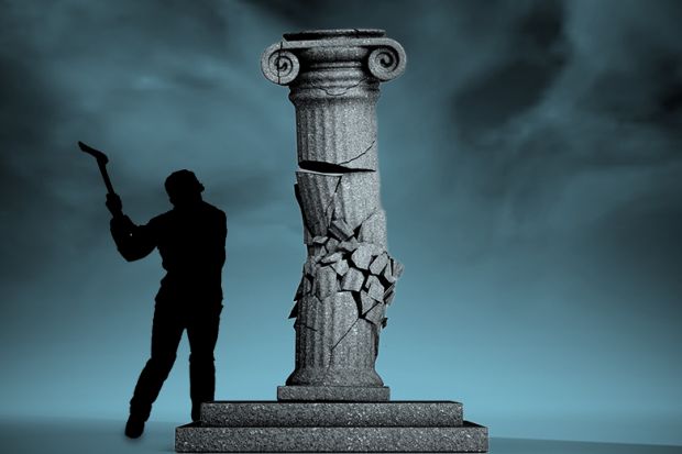 Man swinging axe at classical column. To illustrate possible harm to universities from cuts