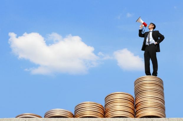 A man with a megaphone at the top of steps of coins, symbolising student loans