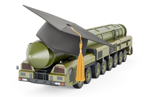 A missile with a mortar board, symbolising universities' role in national security