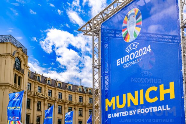 Munich, Germany - June 5 banner for the uefa european football match in munich at the old town of munich on June 5, 2024