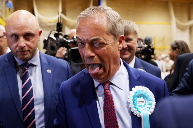 Reform UK leader Nigel Farage reacts after winning the Clacton and Harwich constituency on July 5, 2024 in Clacton-on-Sea, England