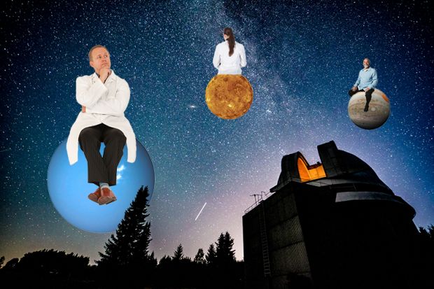 An observatory with academics sitting on planets in the night sky, to illustrate tracking where UK PhD graduates go.