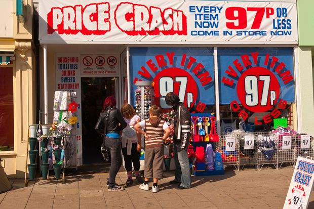 Price crash shop, where everything is 97 pence, illustrating "psychological pricing".