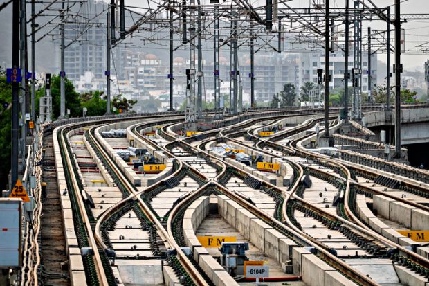 Pune, Maharashtra, India-March 6th, 2022 Complex metro train switching layout for shifting of train from one track to another