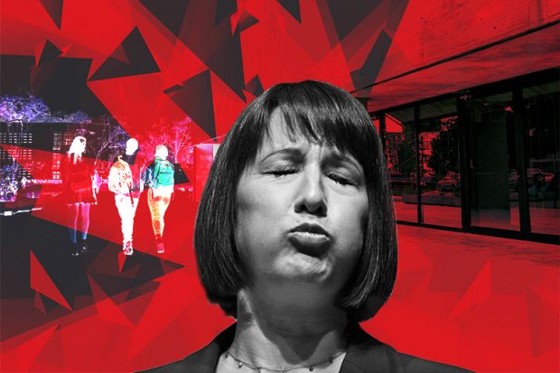 Montage of Rachel Reeves with university students and abstract background to illustrate the how university finances are a headache for the government