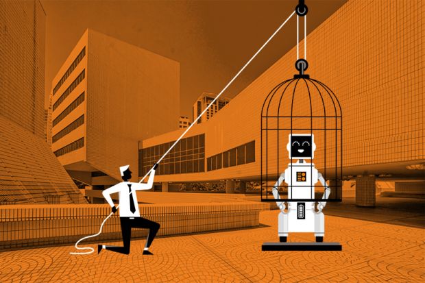 Illustration of man lifting cage from robot with university building in background. To illustrate disagreement in universities about whether AI tools should be prohibited, permitted or encouraged