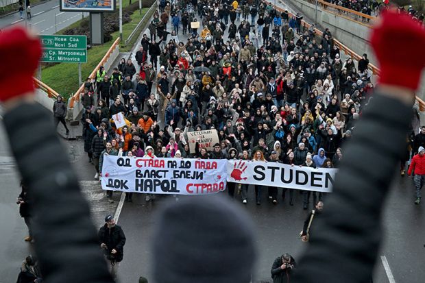 Students and protestors take part in a demonstration and blockade on the highway E75 in Belgrade, Serbia, on January 10, 2025, to demand accountability over the fatal collapse of a train station roof in November 2024.