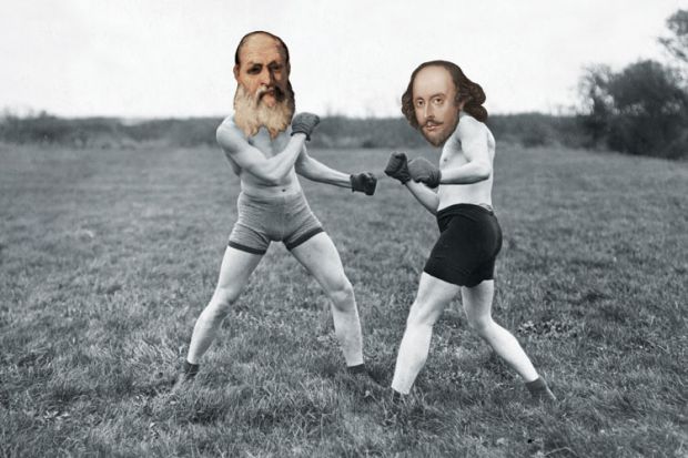 Shakespeare and Plato fist-fighting in field