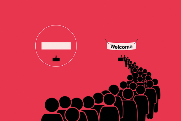 Illustration of a people queuing up to a desk with a “Welcome” banner hanging above it