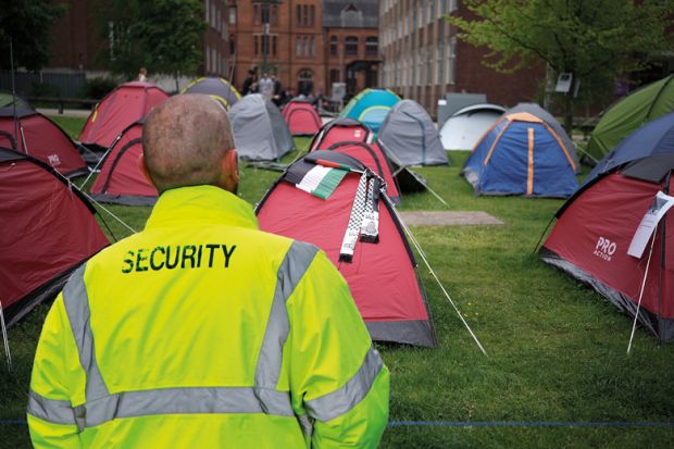 `montage of a security guard looking at tents elonging to pro-Palestinian protesters camping outside Manchester University to illustrate We security guards won’t be taking the US approach to encampments
