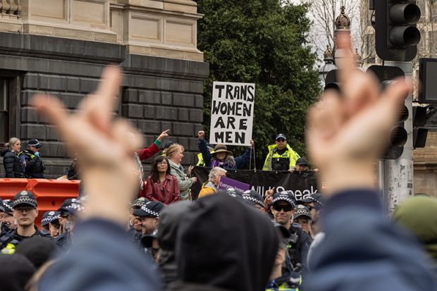 Transgender rights activists clash with members of Victoria Police as they avoid clashes with the participants of an anti-transgender rights rally happening on the steps of the Victorian Parliament on August 17, 2024, in Melbourne, Australia. 