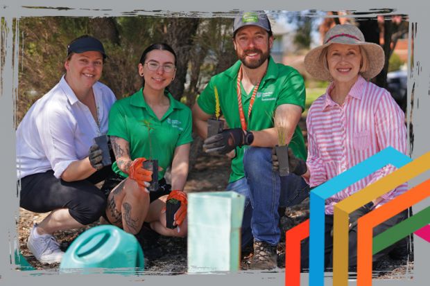 staff and students at Charles Sturt University planting trees as part of their push for sustainability