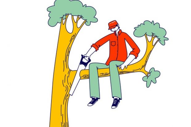 A man cuts off the tree branch he is sitting on, illustrating unintended consequences