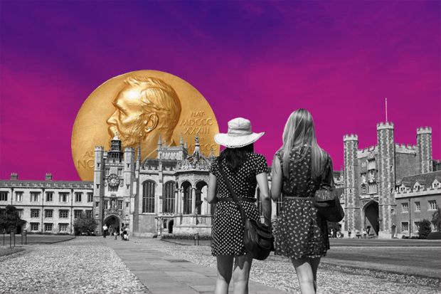 Two women in Trinity College front court, Cambridge, UK. With a Nobel prize medal in the background