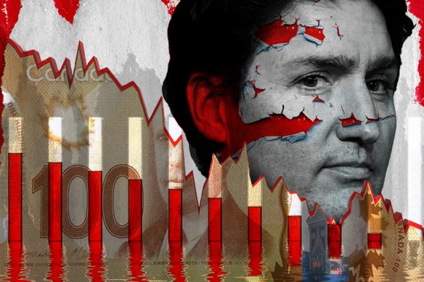 Montage of Justin Trudeau with Canadian cash and test tubes with declining amount of fluid. Torn and tainted to illustrate Trudeau's legacy.