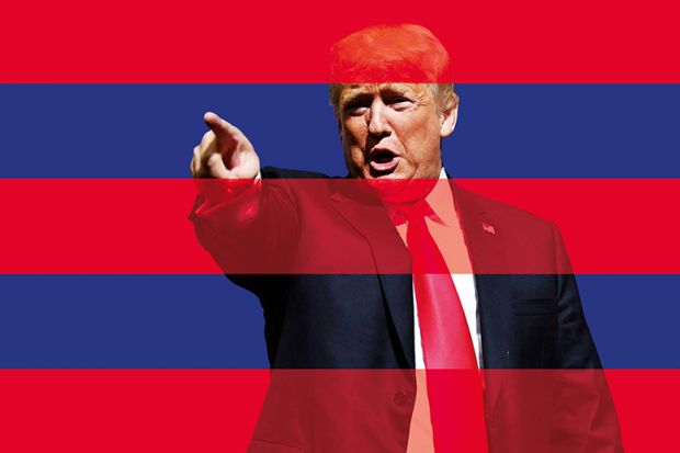 Donald Trump pointing from behind red stripes suggesting a barrier. To illustrate how a visa cull by Trump could imperil US universities' global pre-eminence.