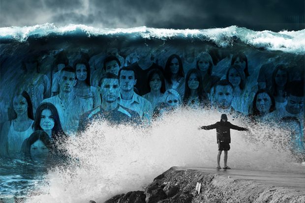 Montage of crowd of students on giant wave about to crash upon person on rocks. To illustrate how university support staff and academics are overwhelmed by a “tsunami” of mental health problems among students.