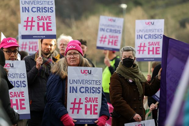 Members of UCU Scotland rally outside the Scottish Parliament against threatened job cuts on 29 January 2025 in Edinburgh, Scotland