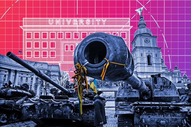 Montage of destroyed Russian tank in Kyiv, Ukraine with blueprint of university in the background. To illustrate some of problems experienced by Cintana in establishing the American University Kyiv just weeks before war broke out.