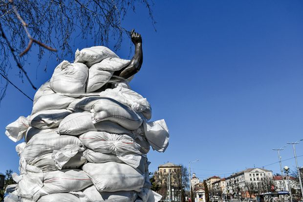 Barricaded statue in Ukraine