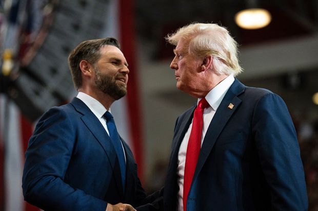 Republican vice presidential nominee U.S. Sen. J.D. Vance introduces U.S. Republican Presidential nominee former President Donald Trump during a rally at Herb Brooks National Hockey Center on July 27, 2024 in St Cloud, Minnesota.