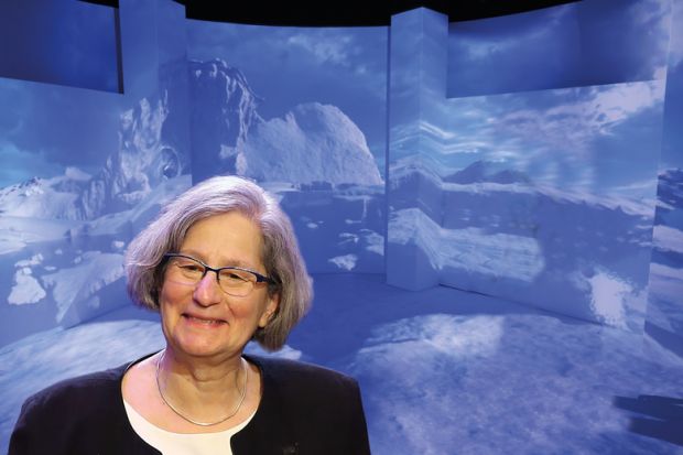 Montage of Susan Solomon in front of an immersive projection featuring an Arctic ice landscape to illustrate ‘We can heal  the earth’