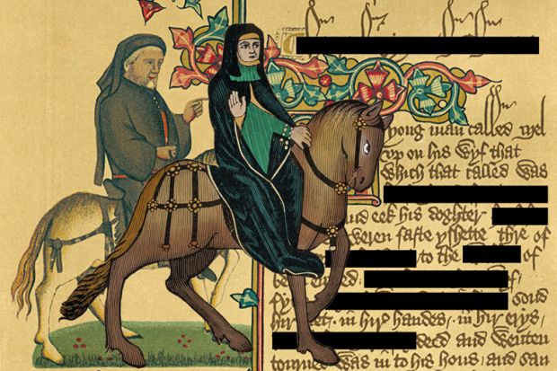 Geoffrey Chaucer on horse - on  manuscript c 1343-1400 with parts of the text blacked out to illustrate Trigger warnings are nothing but tribal slogans