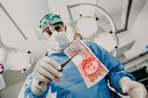 Montage of a doctor surgery in operation room holding a bank note in a pair of tweezers