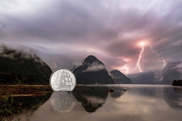Montage of a  Milford Sound, New Zealand with a coin with a ship illustration in the water to illustrate Are better days ahead for New Zealand’s universities?