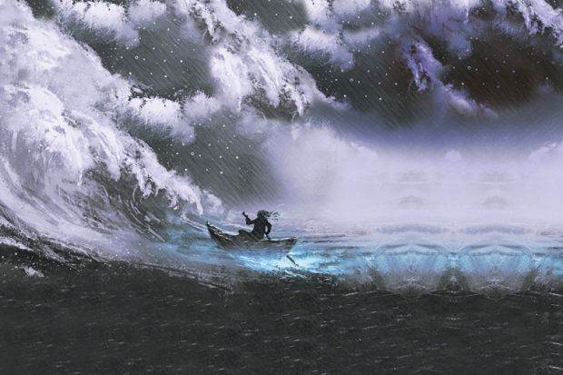 Illustration of a man rowing a boat in a stormy sea with rogue waves to illustrate Off-brand  enterprises
