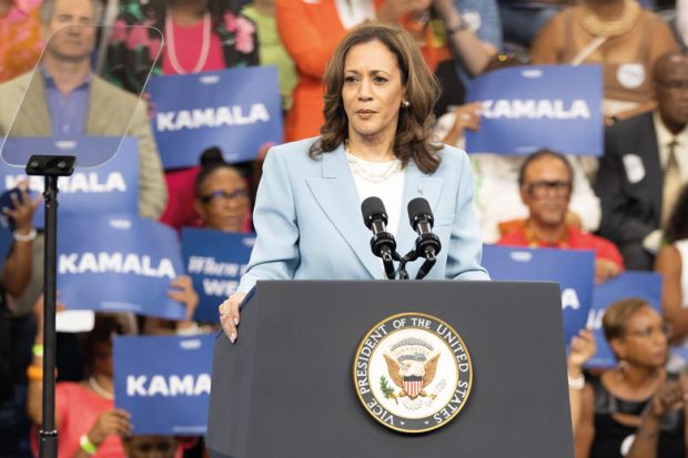  President Kamala Harris speaks during a campaign rally in Atlanta, to illustrate Black colleges face contrasting prospects under Trump and Harris 