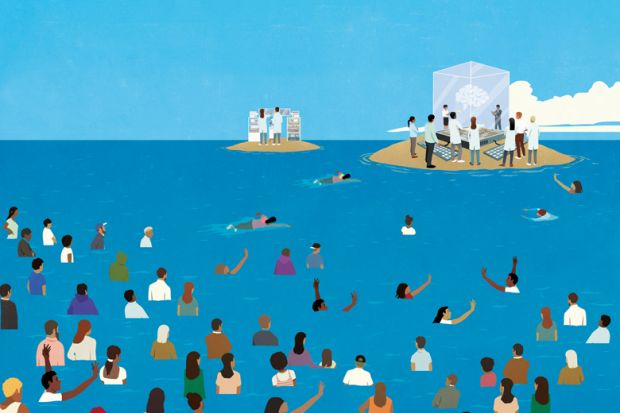 Illustration of people in the sea looking out at scientists on islands around display cabinets to illustrate Will the funding crisis confine UK research to elite universities?