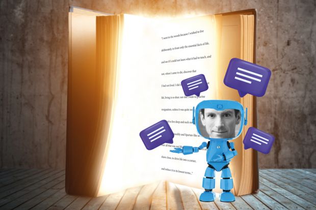 Concept image of John Haag inside a robot and speech bubbles and an open book behind him to illustrate Why I turned myself into an AI chatbot