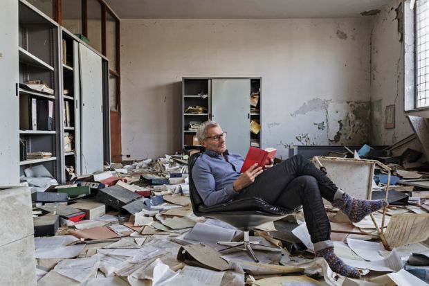Montage of a person sitting reading in an Abandoned office with many papers on the floor