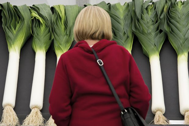 A woman looking at leeks