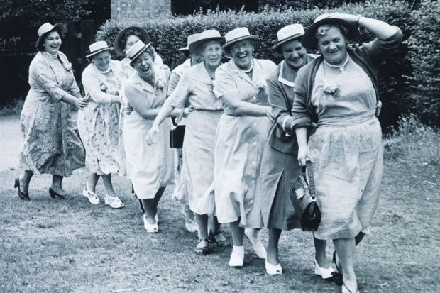 Women in conga line, 1950s