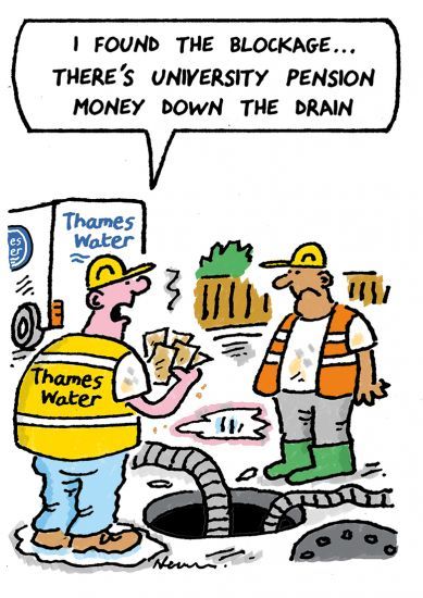 Cartoon showing a drain blocked with money